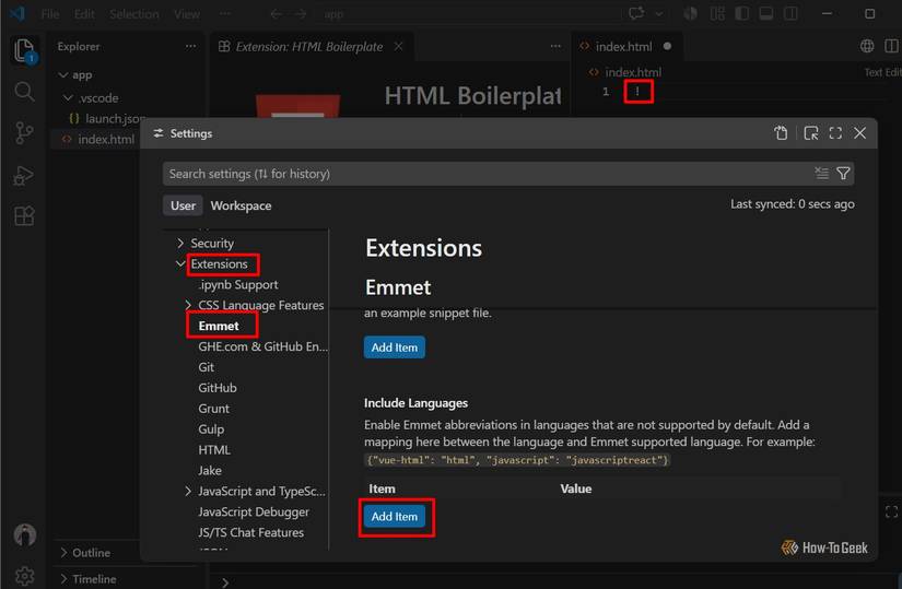 The VS Code Settings page shows the Emmet Include Languages option under Extensions > Emmet.