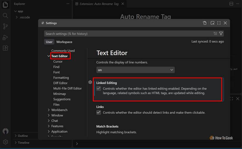 The VS Code Settings page shows the Linked Editing option under Text Editor.