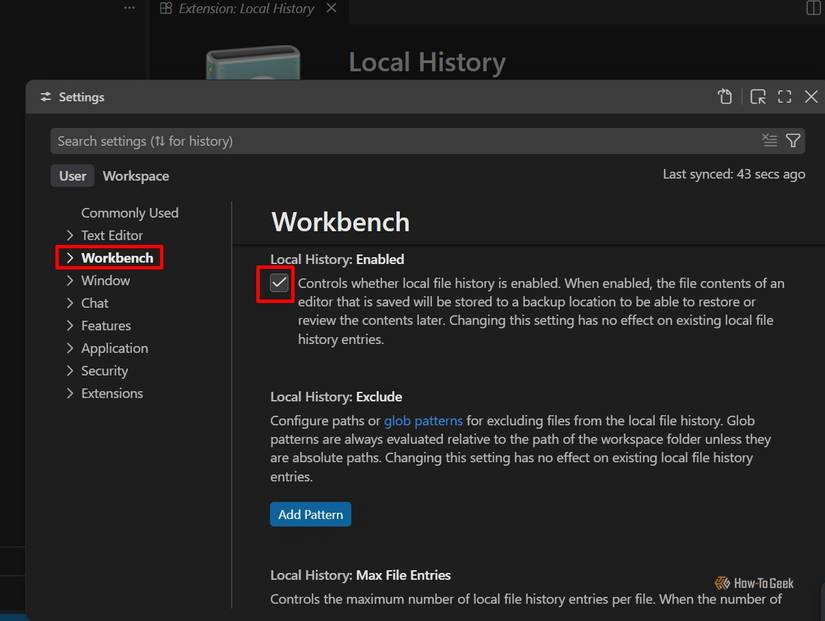 Local History settings are visible under Workbench in VS Code Settings.
