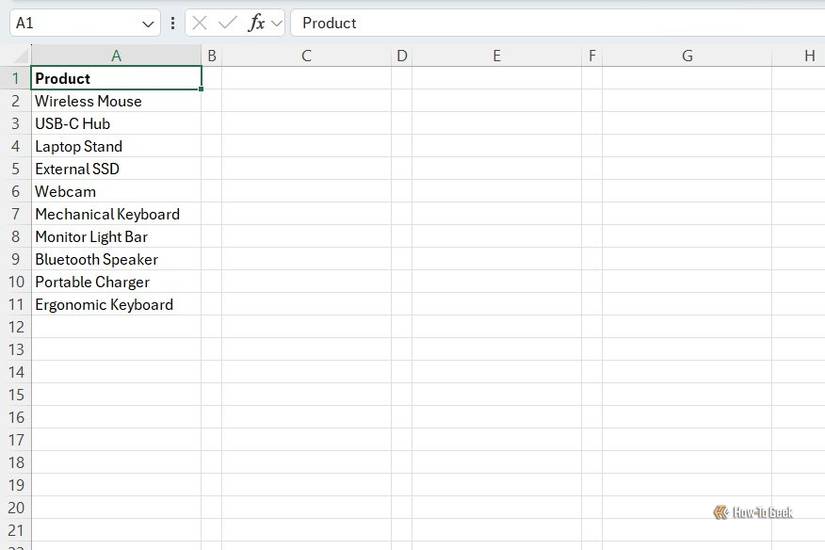 A Microsoft Excel spreadsheet displaying a list of computer hardware products in column A.