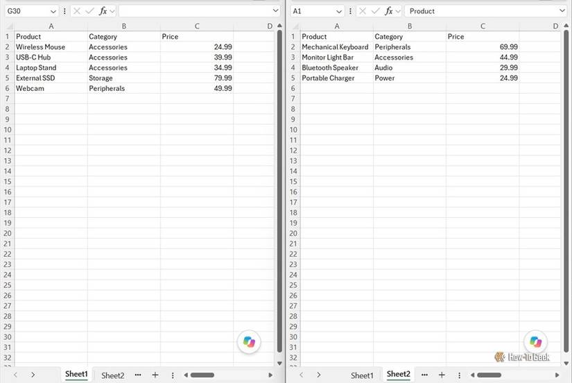 Excel workbook showing product price lists side by side across Sheet1 and Sheet2.
