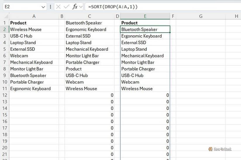 Excel worksheet sorting items with SORT and DROP, displaying trailing zeros for blank cells below the list.