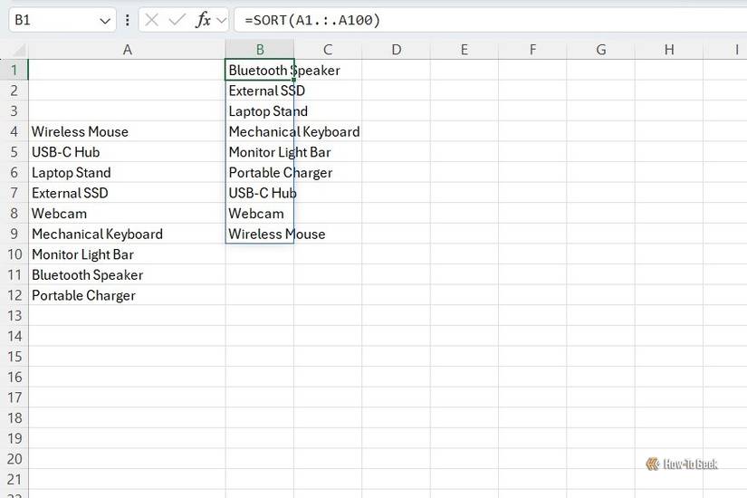 Excel sheet sorting a column using SORT and the trim reference operator to remove blank rows.