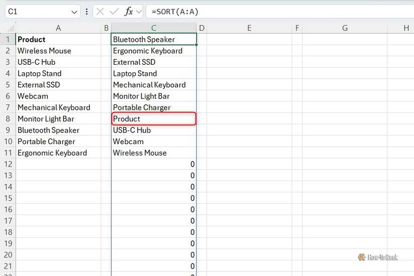 Excel sheet sorting a column using SORT, showing trailing zeros and highlighting the header placed incorrectly among the sorted items.