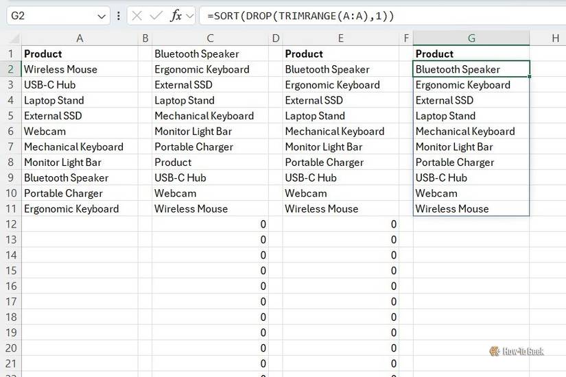 Excel worksheet showing a sorted list with no trailing zero values using TRIMRANGE, DROP, and SORT.