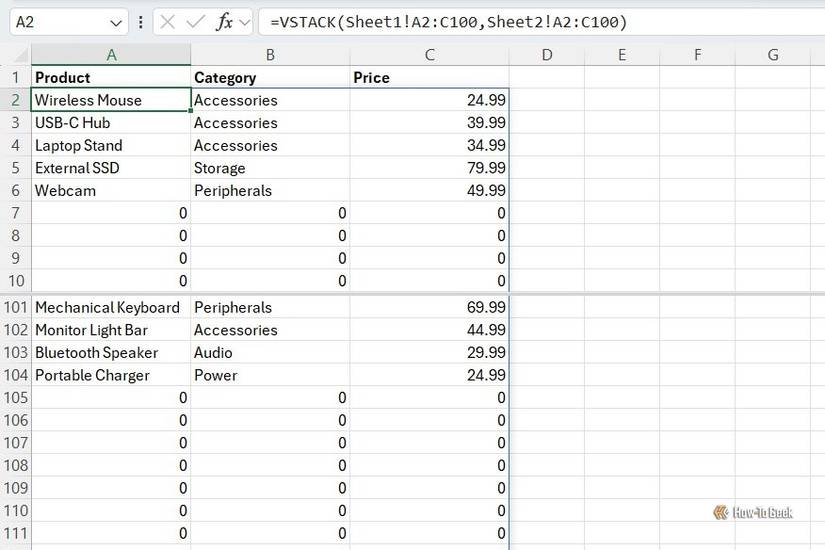 Excel sheet using VSTACK to combine two worksheets, including unused rows as zero values.