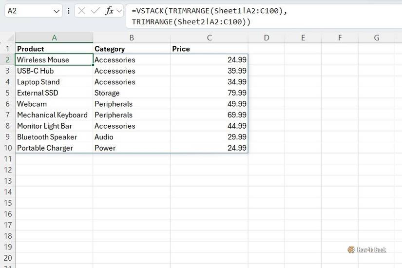 Excel worksheet combining data from two sheets using VSTACK and TRIMRANGE without blank rows.