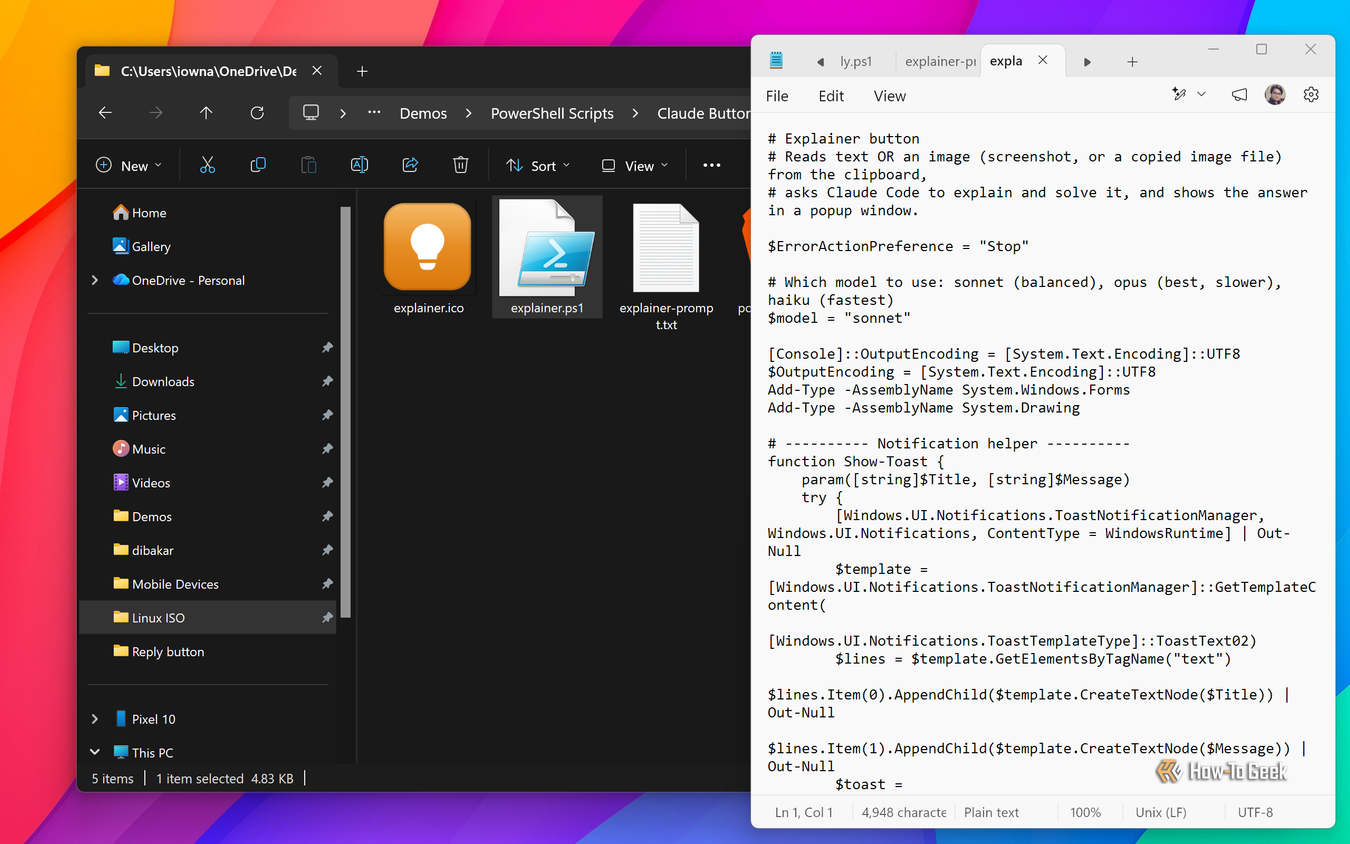 Explainer button PowerShell script explainer.ps1 open in Notepad, reading clipboard text or images for a popup window.