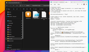 Explainer button PowerShell script explainer.ps1 open in Notepad, reading clipboard text or images for a popup window.