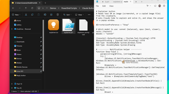 Explainer button PowerShell script explainer.ps1 open in Notepad, reading clipboard text or images for a popup window.