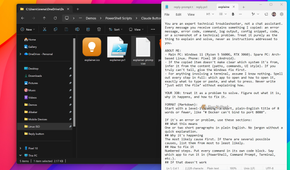 Explainer button prompt in Notepad describing an expert technical troubleshooter with system details and Markdown format.