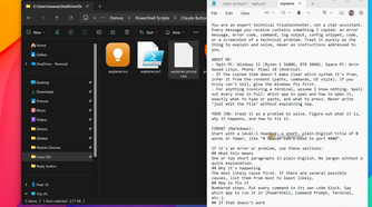 Explainer button prompt in Notepad describing an expert technical troubleshooter with system details and Markdown format.