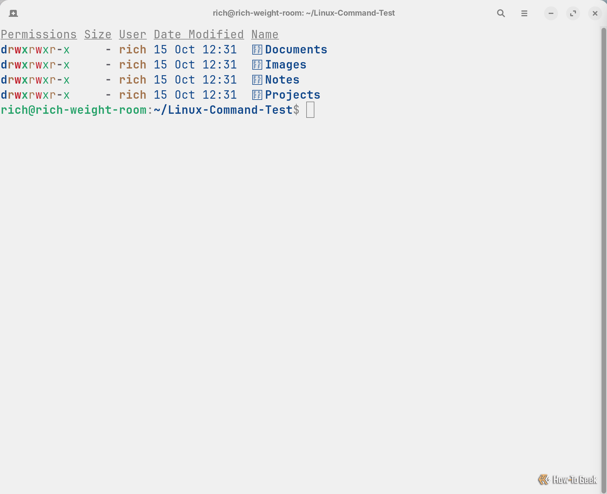Eza displays a detailed file listing with color-coded permissions, file ownership, modification dates, and directory names arranged beneath column headings.
