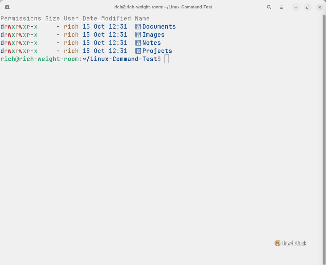Eza displays a detailed file listing with color-coded permissions, file ownership, modification dates, and directory names arranged beneath column headings.