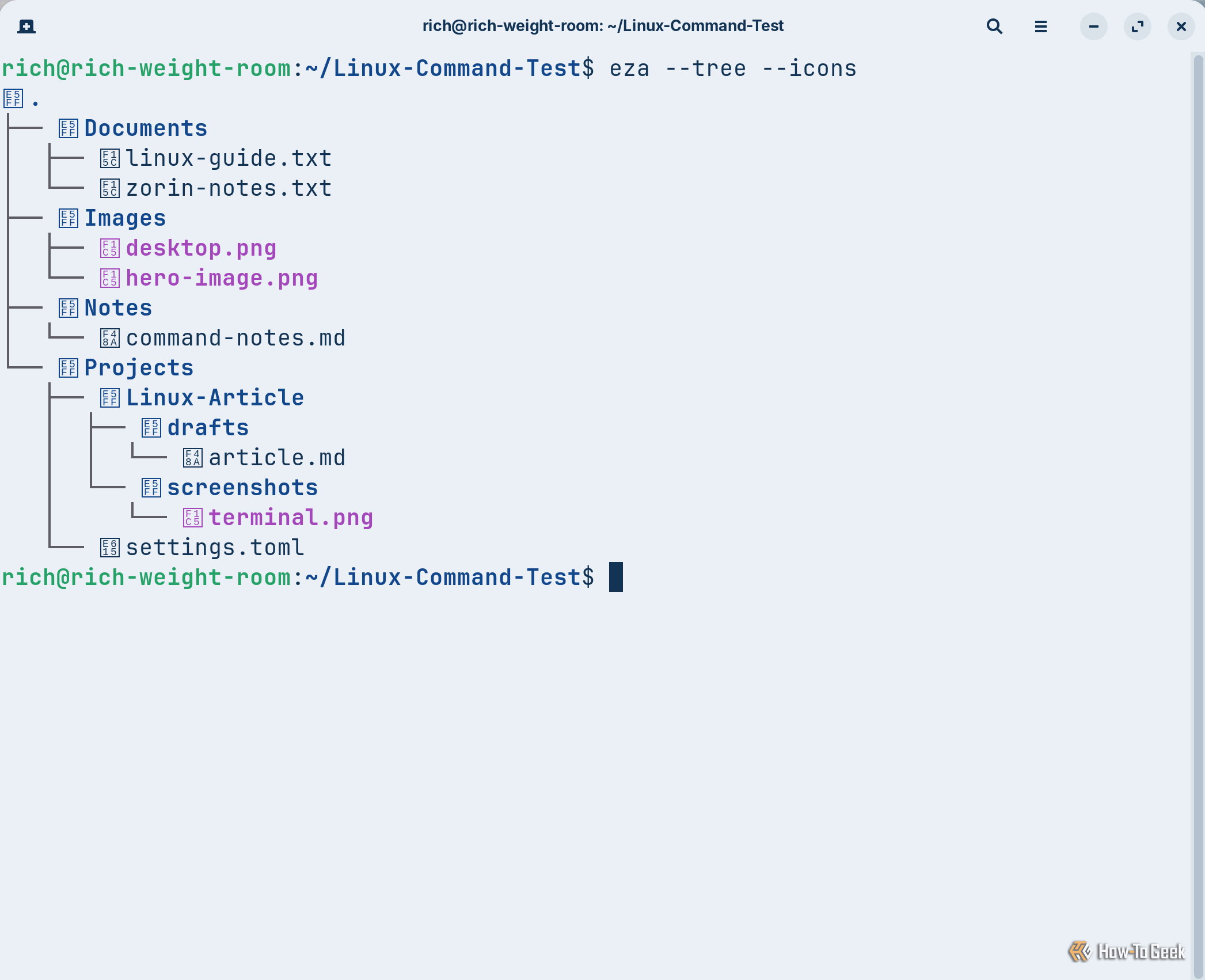 The eza --tree --icons command displays a hierarchical directory structure containing documents, images, notes, and project files organized into folders and subfolders.