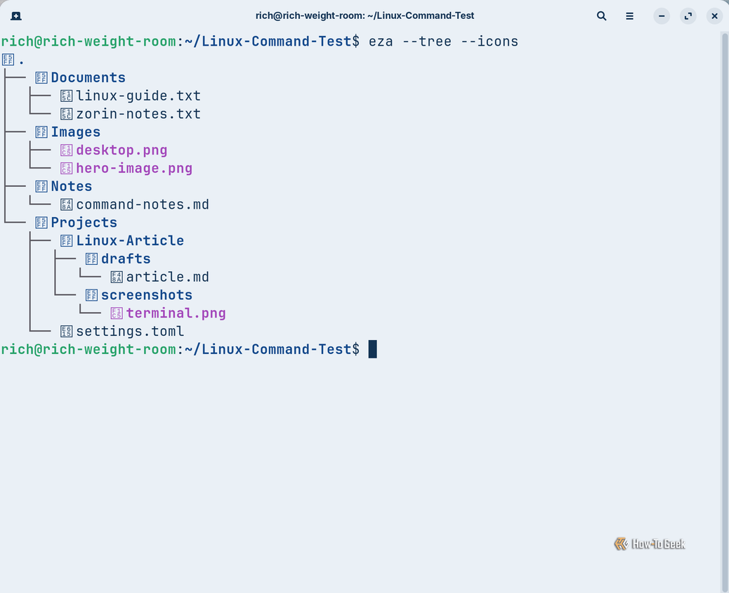 The eza --tree --icons command displays a hierarchical directory structure containing documents, images, notes, and project files organized into folders and subfolders.