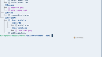 The eza --tree --icons command displays a hierarchical directory structure containing documents, images, notes, and project files organized into folders and subfolders.