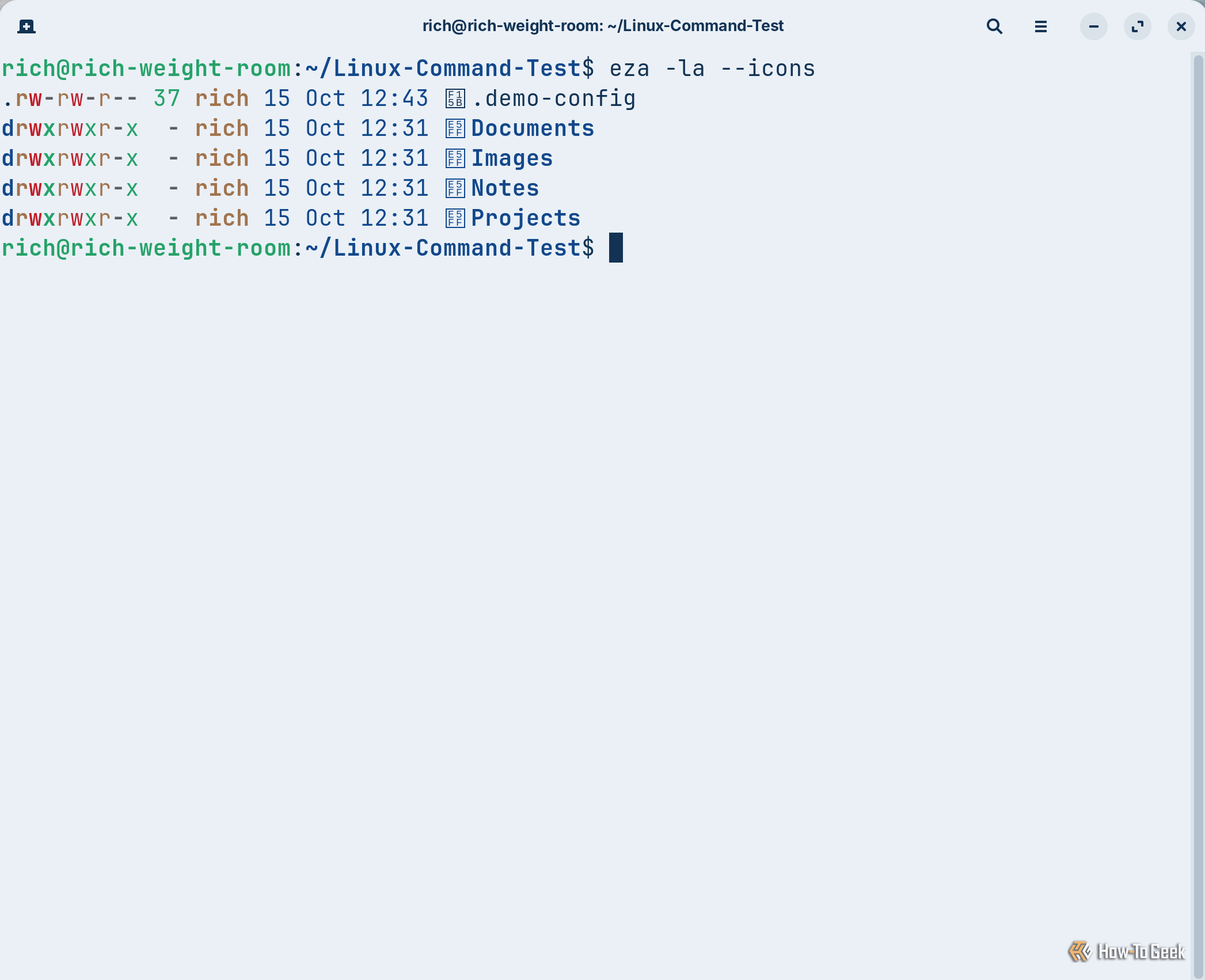 The eza -la --icons command reveals a hidden configuration file named .demo-config alongside the regular directories and their file permissions.