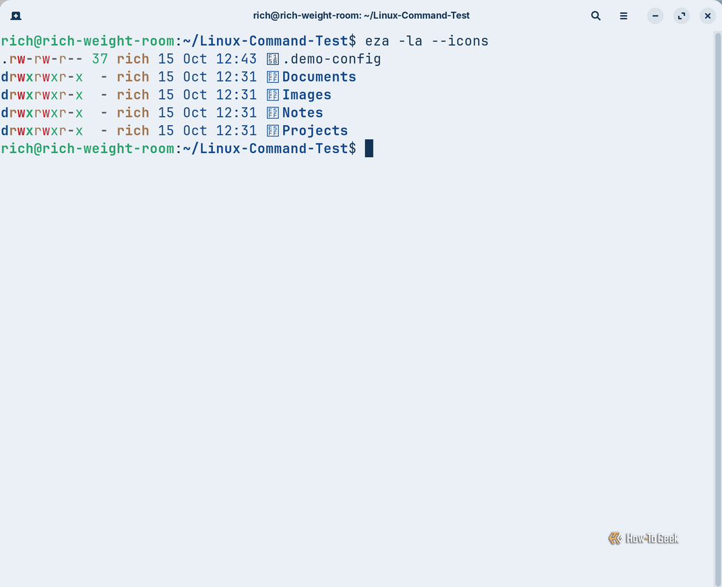 The eza -la --icons command reveals a hidden configuration file named .demo-config alongside the regular directories and their file permissions.