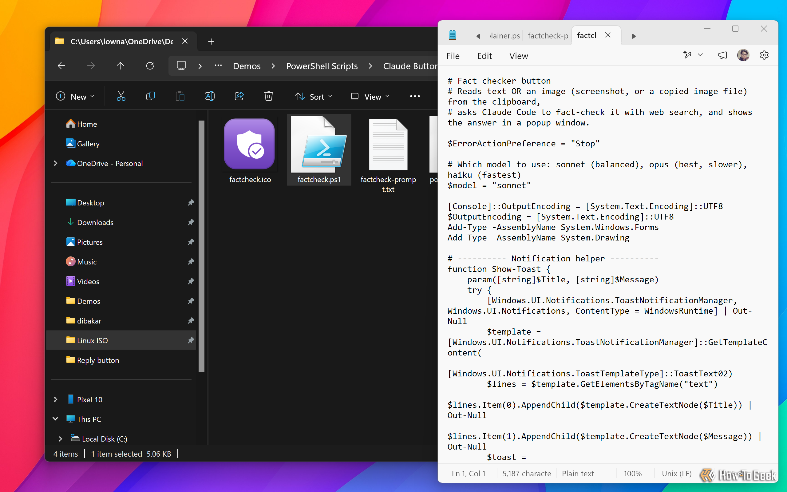Fact checker button PowerShell script factcheck.ps1 open in Notepad, fact-checking clipboard content with web search.