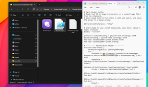 Fact checker button PowerShell script factcheck.ps1 open in Notepad, fact-checking clipboard content with web search.