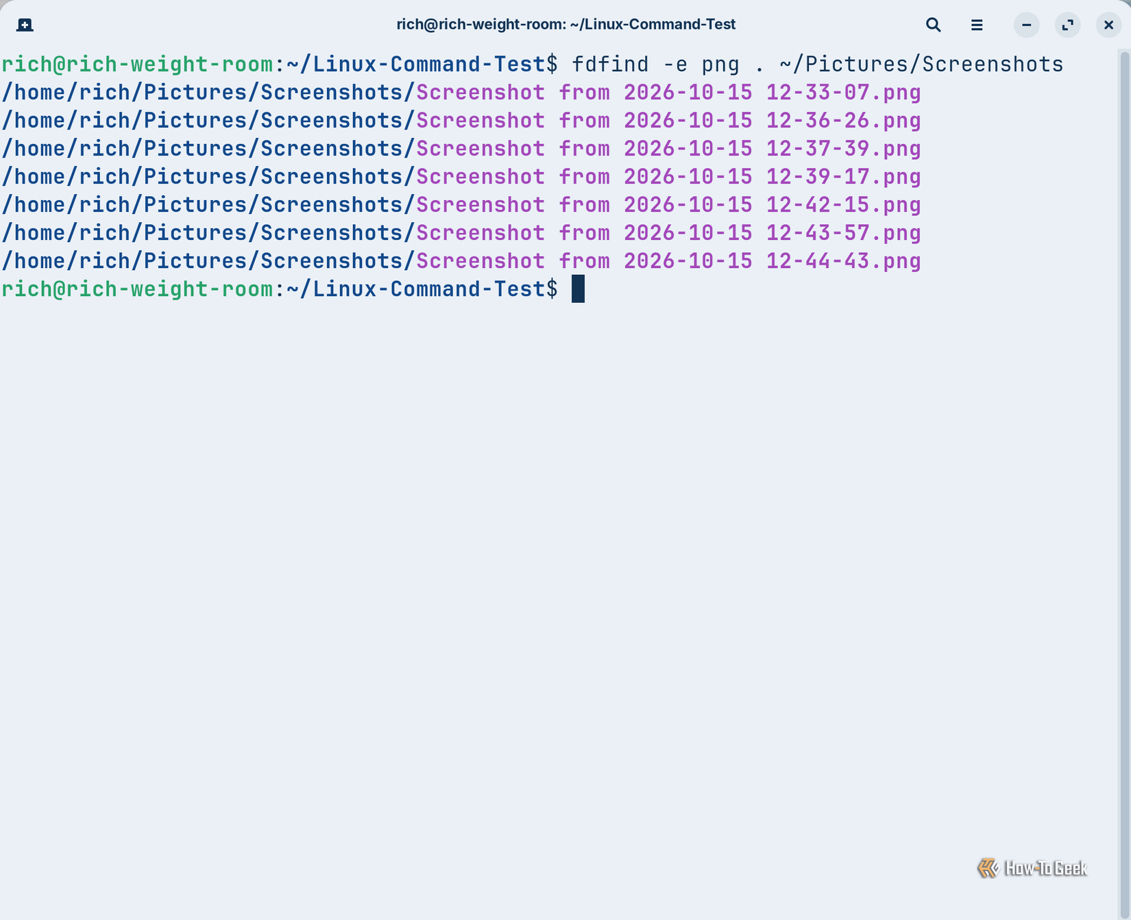The fdfind command searches the Screenshots folder on Zorin OS and displays seven matching PNG files with their full paths and color-coded filenames.