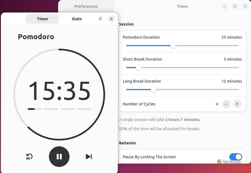 The Focus Tracker app displays 15:35 remaining on a 25-minute focus timer, with the Focus Tracker preferences open underneath.