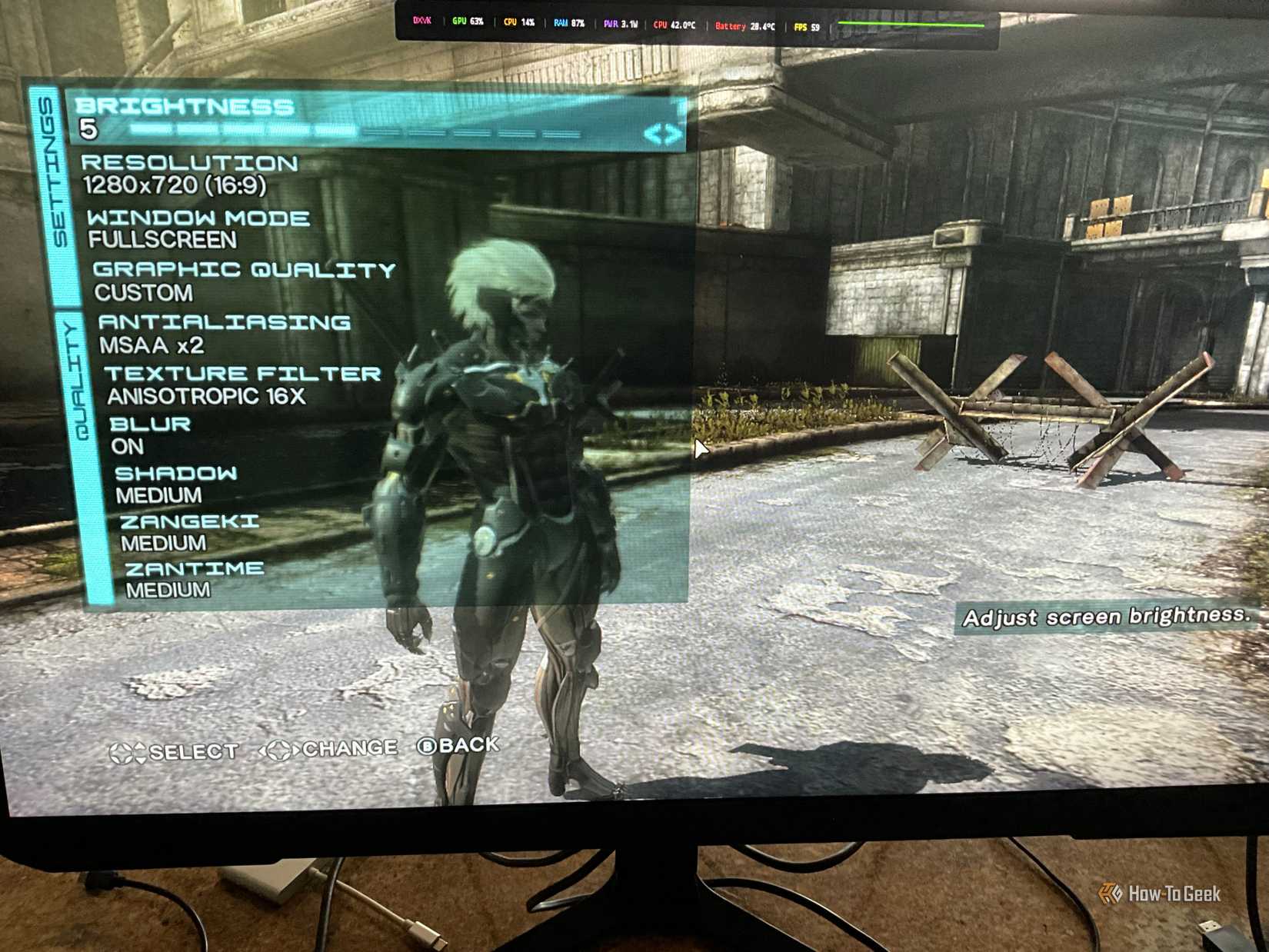 Metal Gear Rising: Revengeance running through GameHub on an external monitor, showing graphics settings at 720p and a performance overlay reporting 59 FPS.