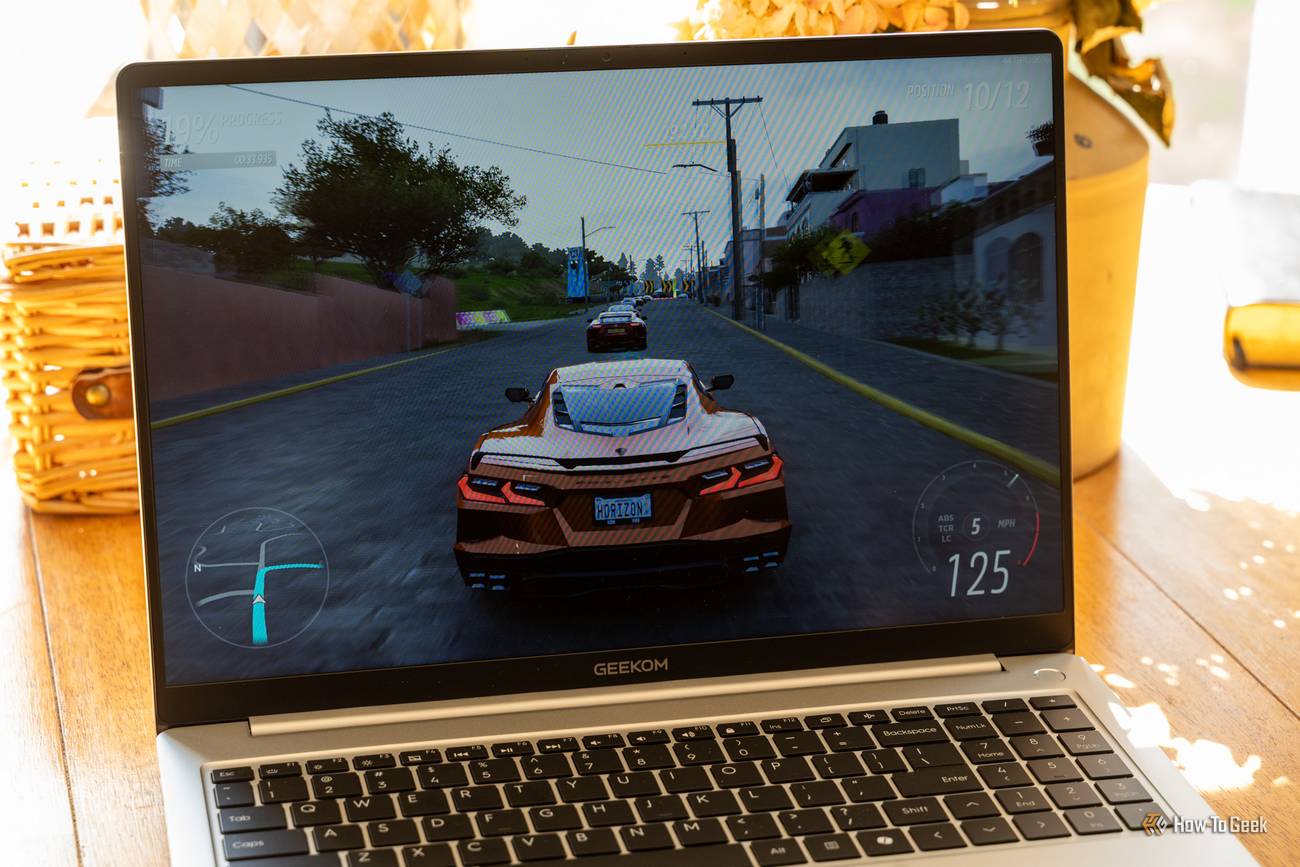 Forza Horizon 5 running on the GEEKOM GeekBook M16's 16-inch display.