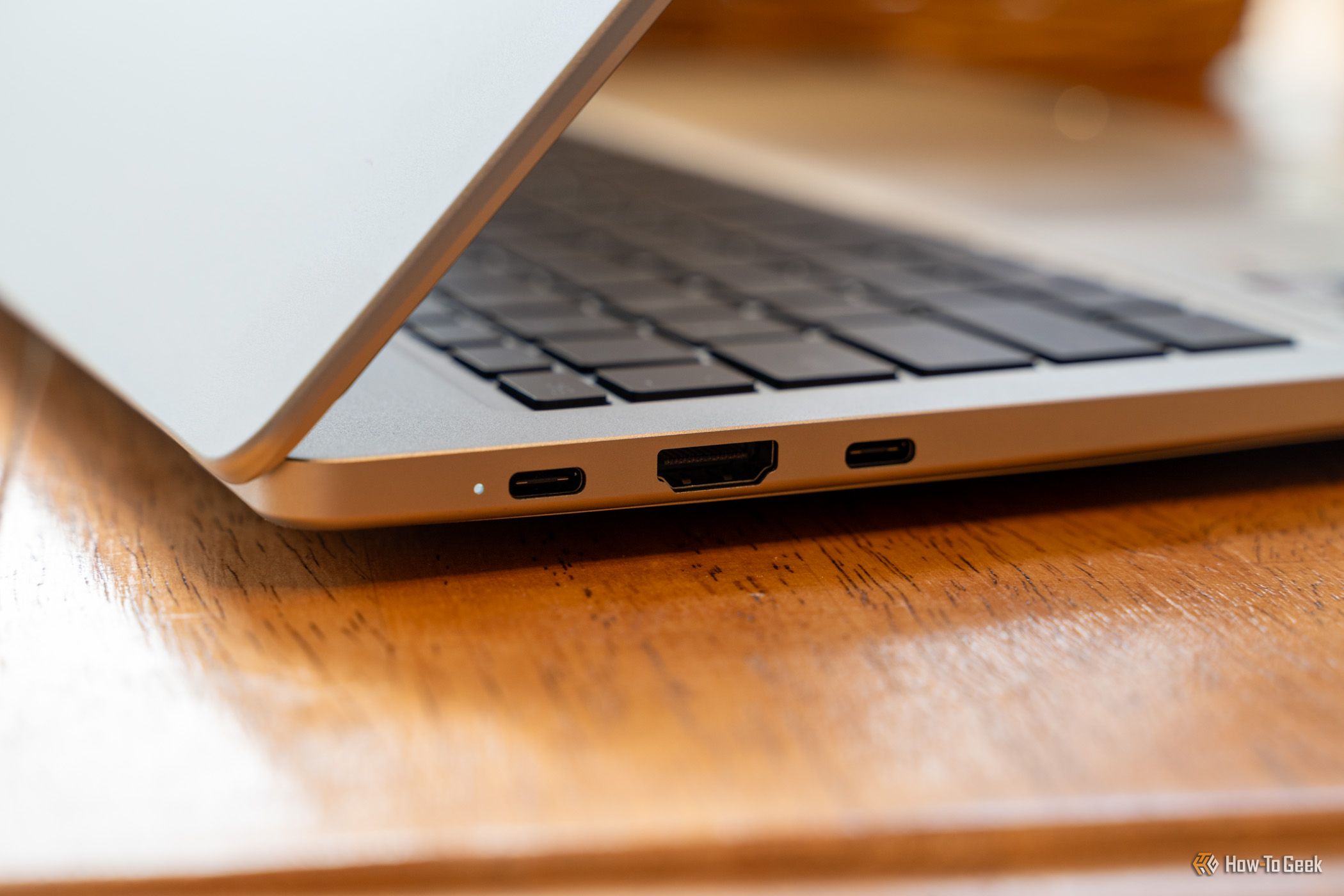 Left side of the GEEKOM GeekBook M16 with two USB-C ports and an HDMI port between them.