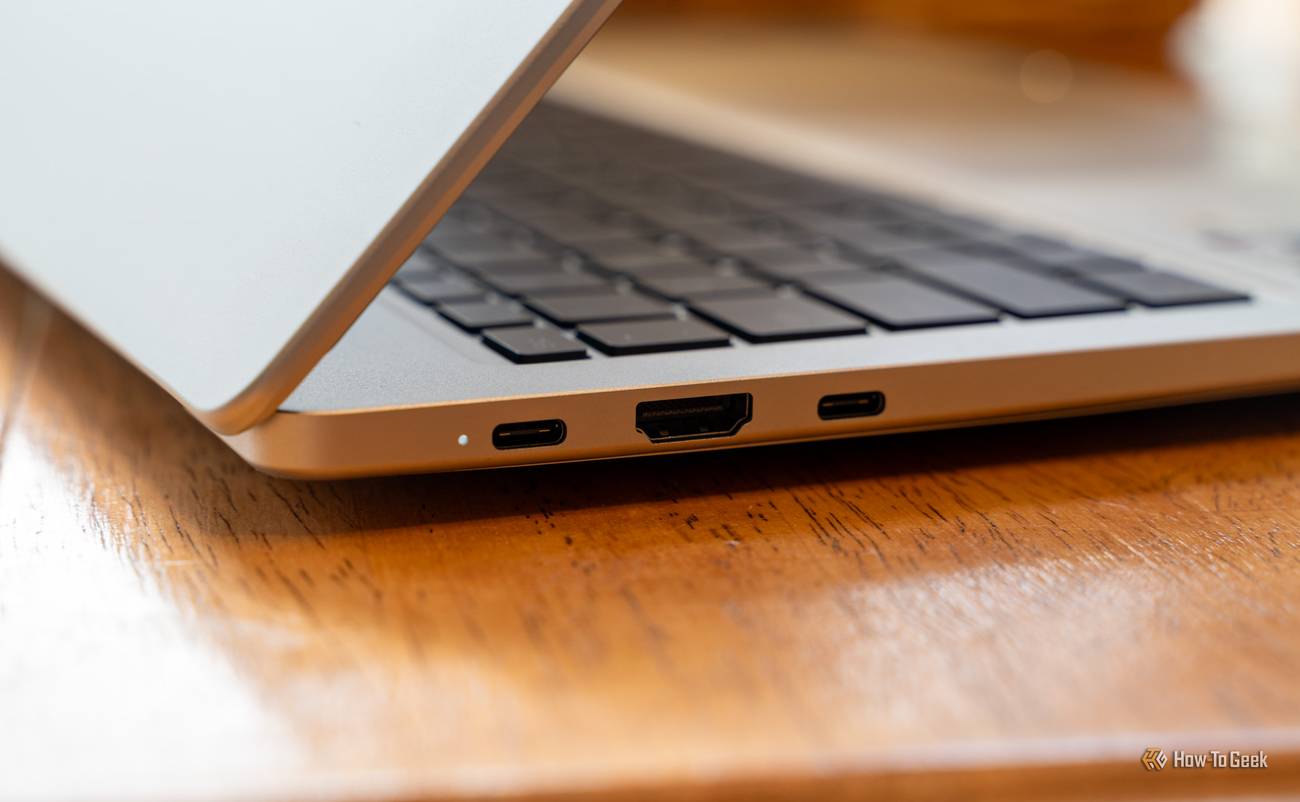 Left side of the GEEKOM GeekBook M16 with two USB-C ports and an HDMI port between them.