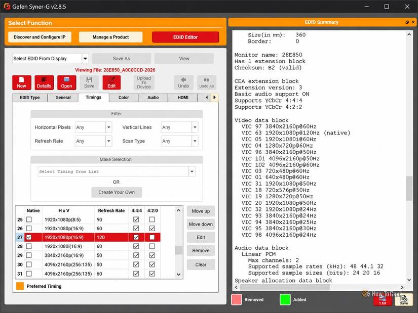 A screenshot of Geffen Synery-G EDID editor showing 1920×1080 at 120Hz timing.
