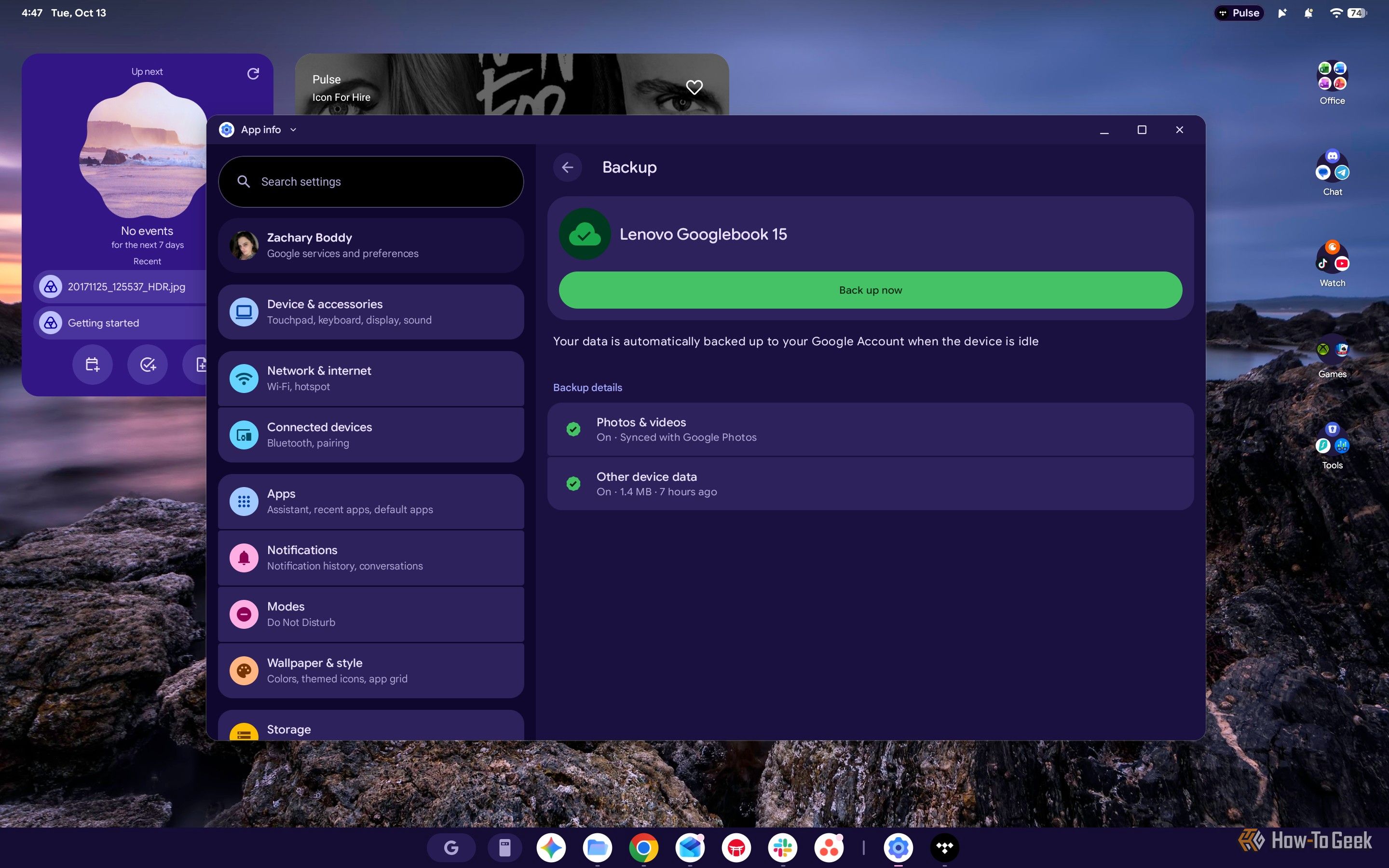 Screenshot of Googlebook OS Backup Settings.