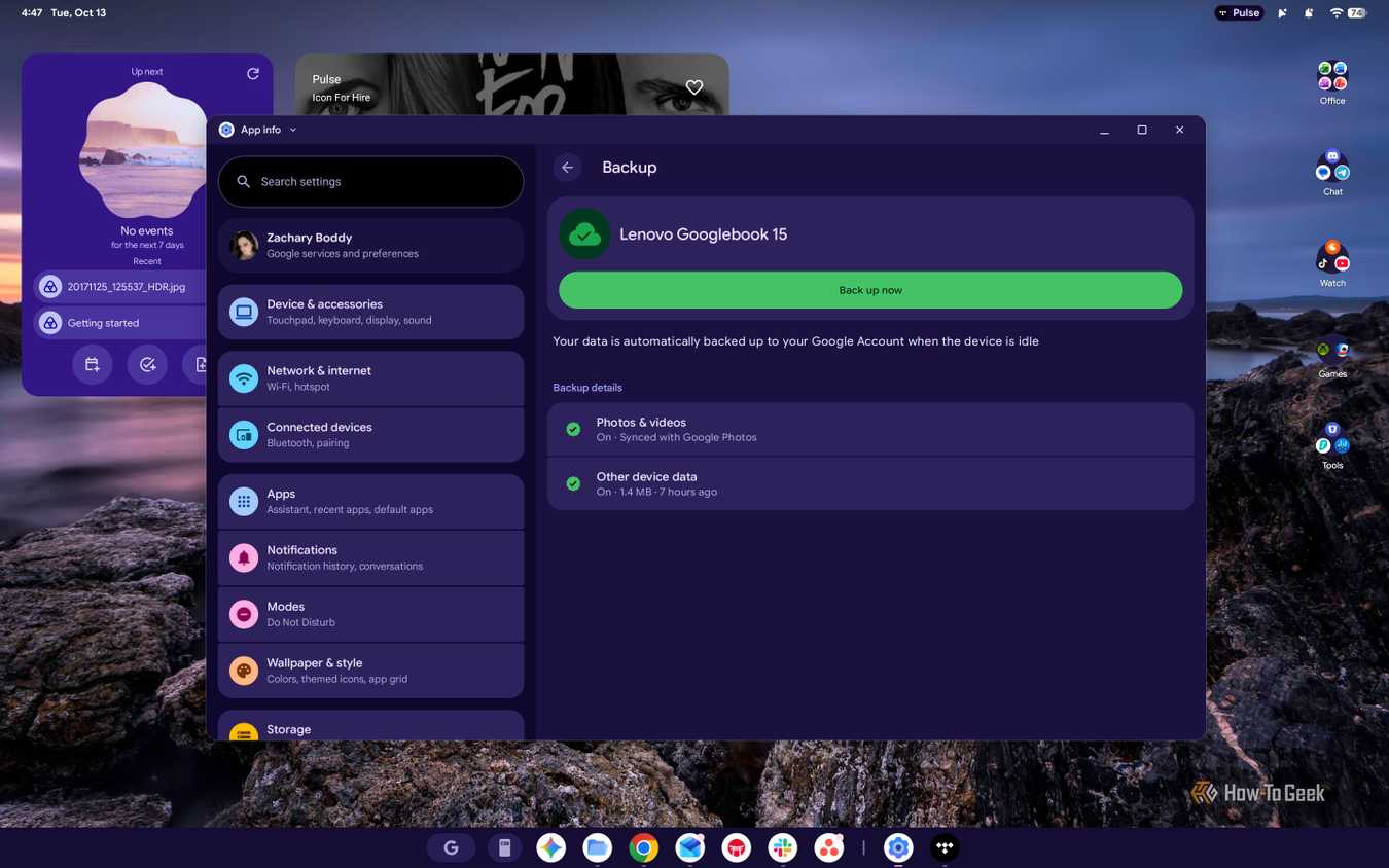 Screenshot of Googlebook OS Backup Settings.