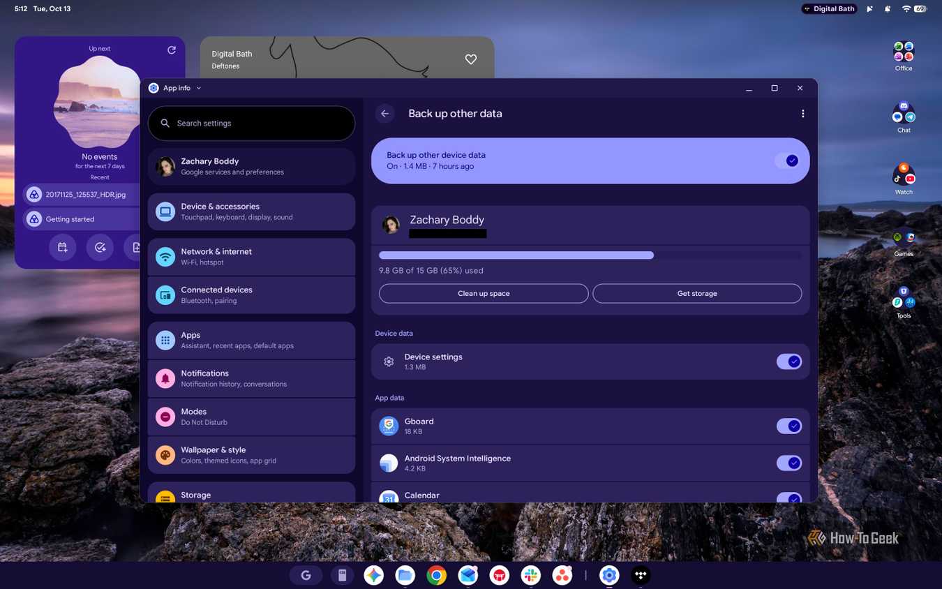 Screenshot of Googlebook OS Backup Settings.
