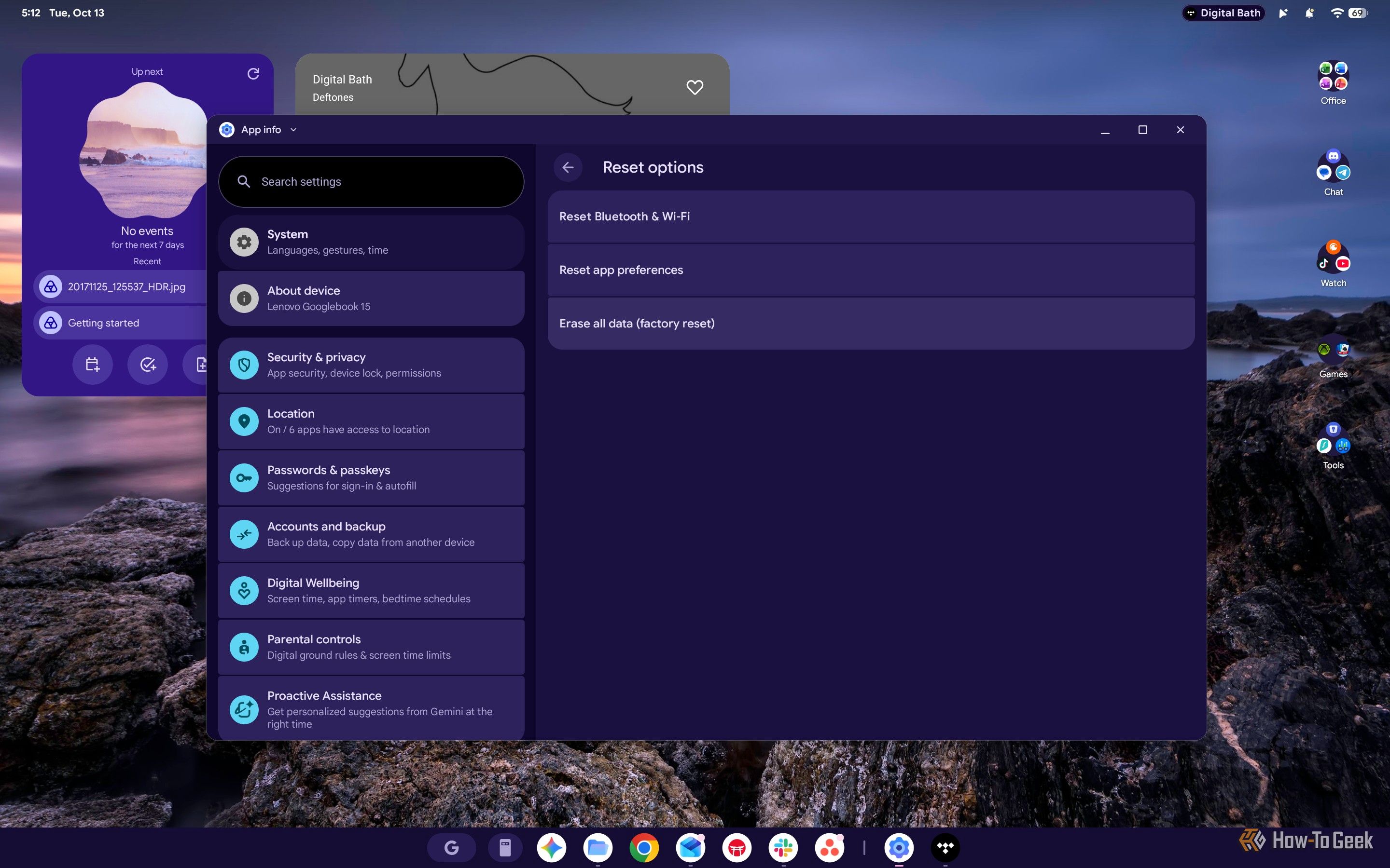 Screenshot of Googlebook OS Reset Settings.