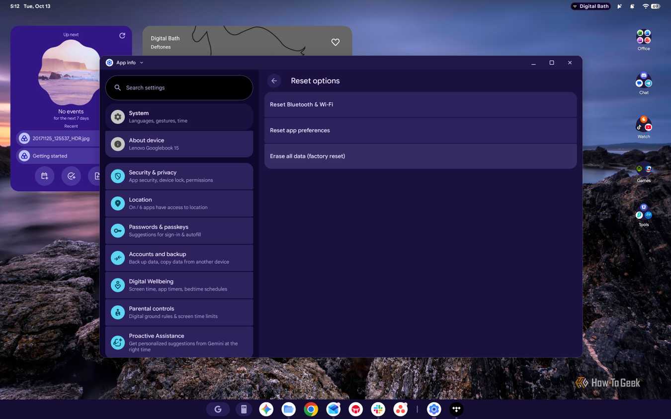 Screenshot of Googlebook OS Reset Settings.