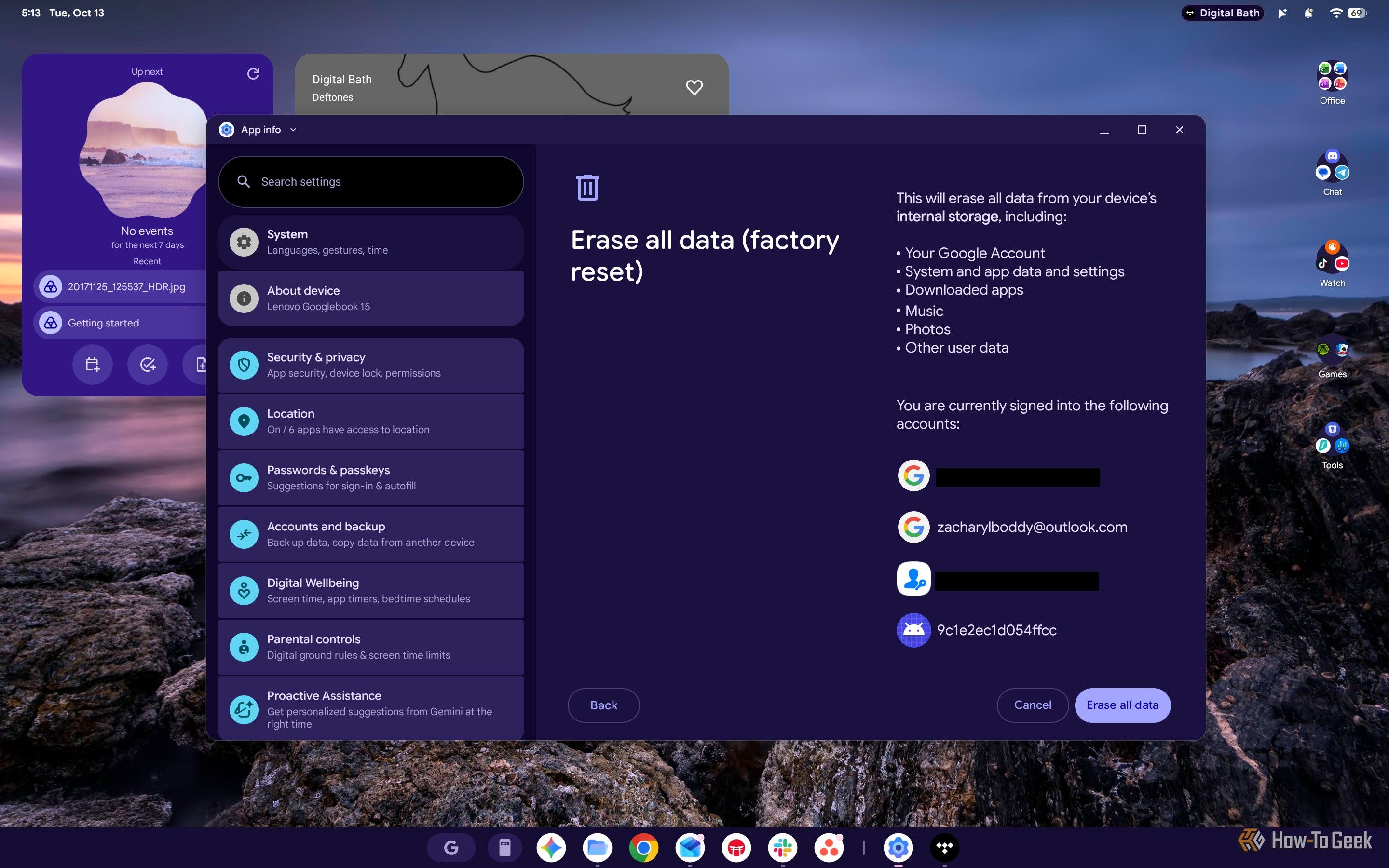 Screenshot of Googlebook OS Factory Reset.