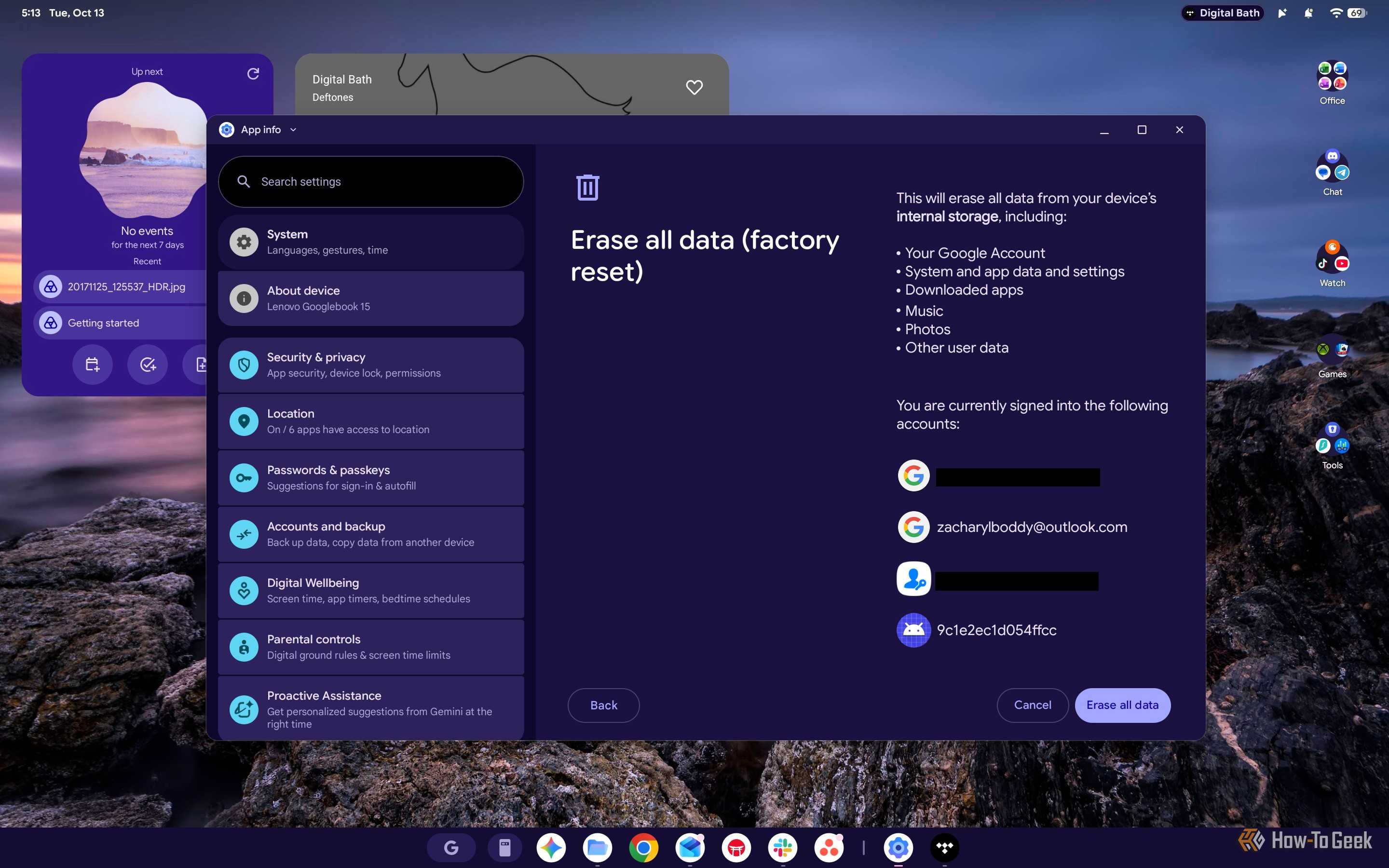 Screenshot of Googlebook OS Factory Reset.