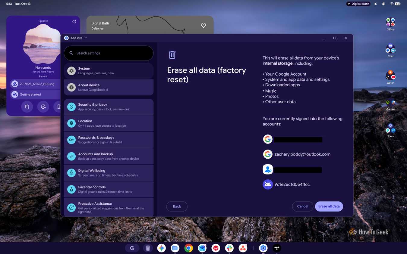 Screenshot of Googlebook OS Factory Reset.
