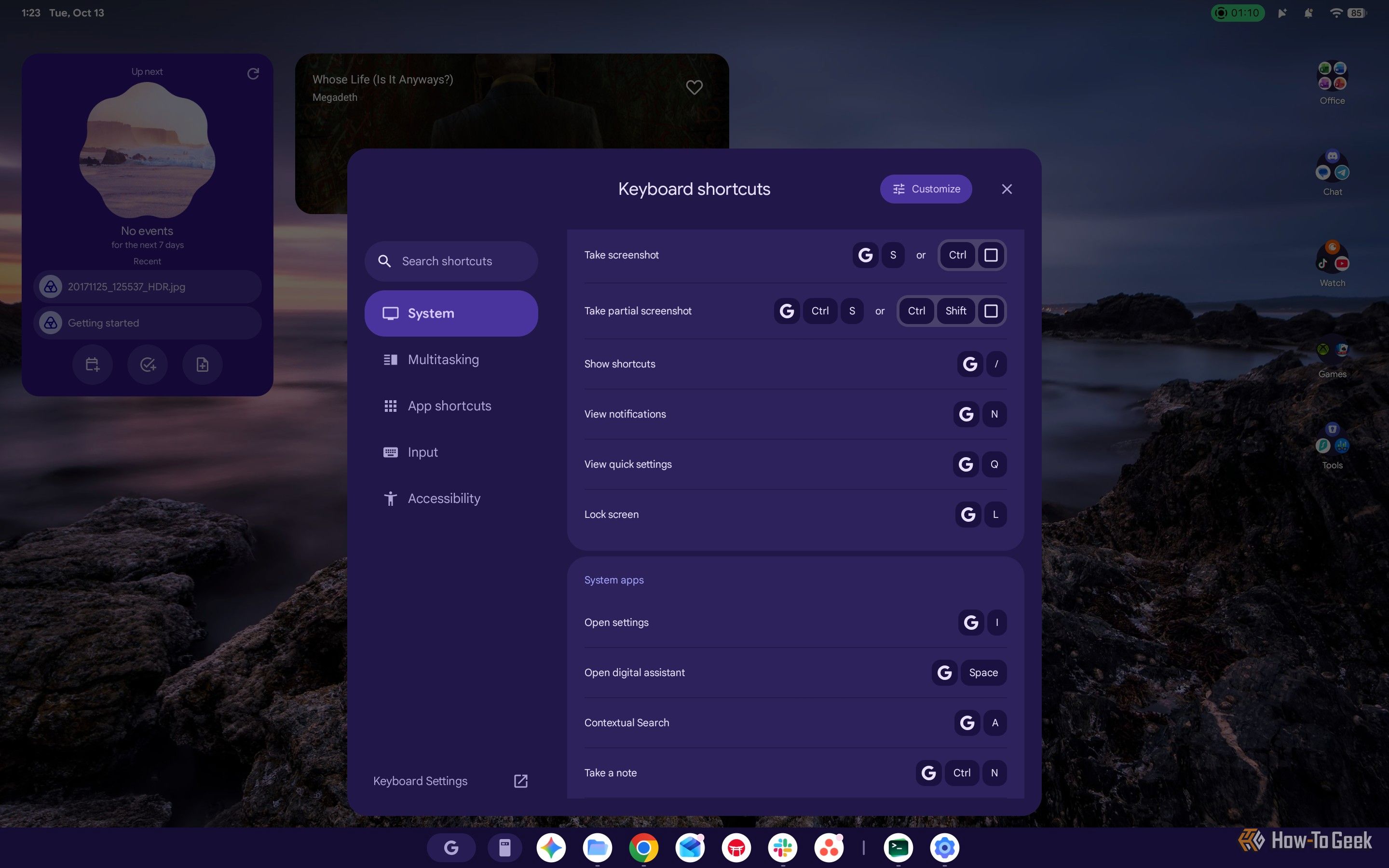 Screenshot of Googlebook OS' Keyboard Shortcuts.