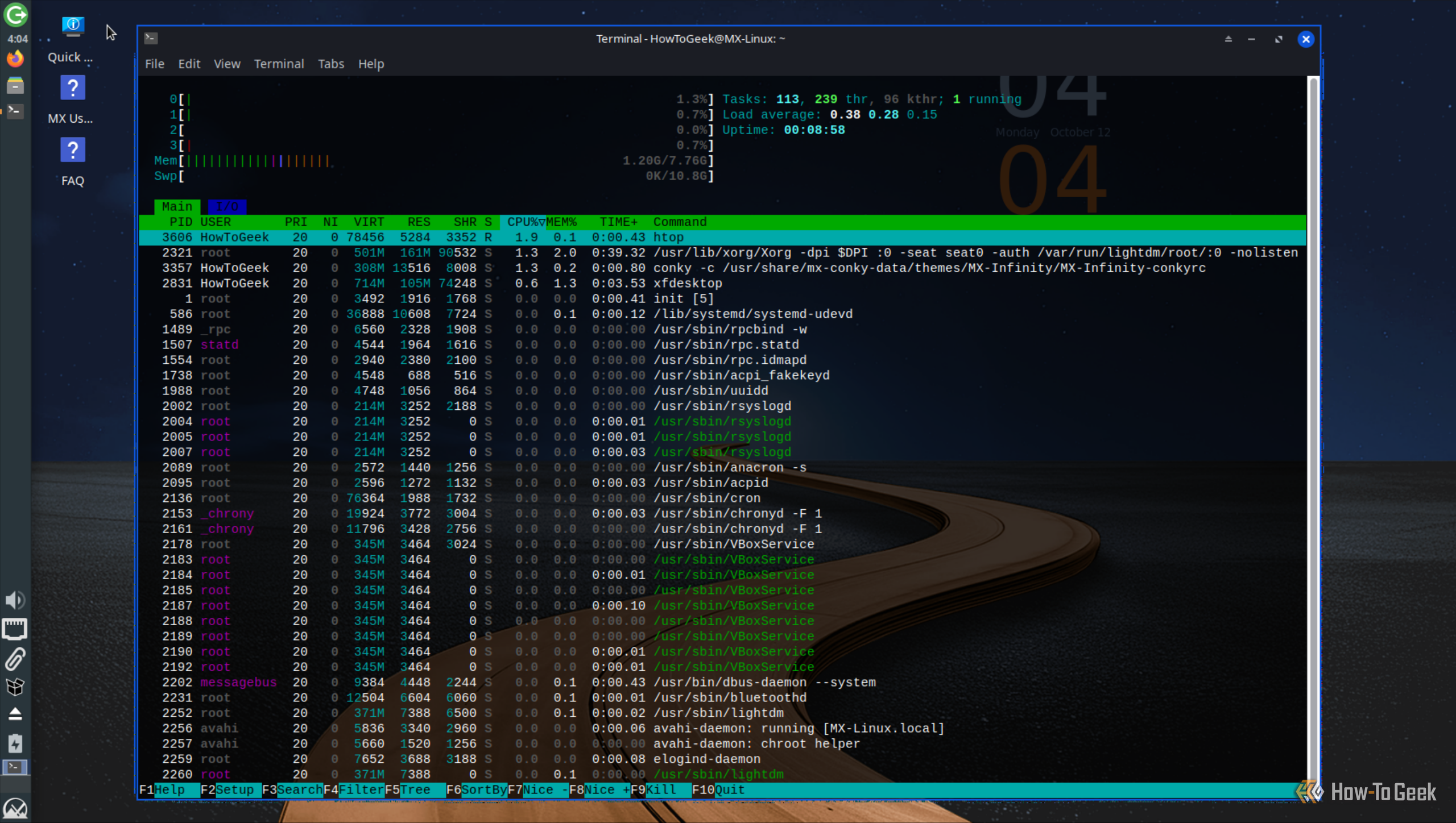 htop on MX Linux Xfce showing about 1.2GB of RAM in use.