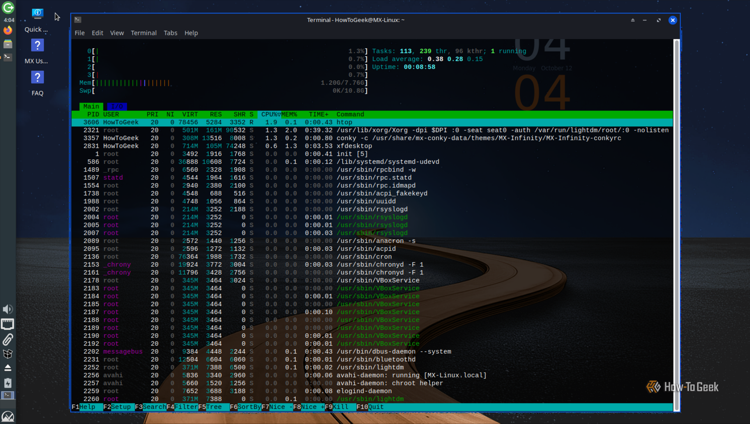 htop on MX Linux Xfce showing about 1.2GB of RAM in use.