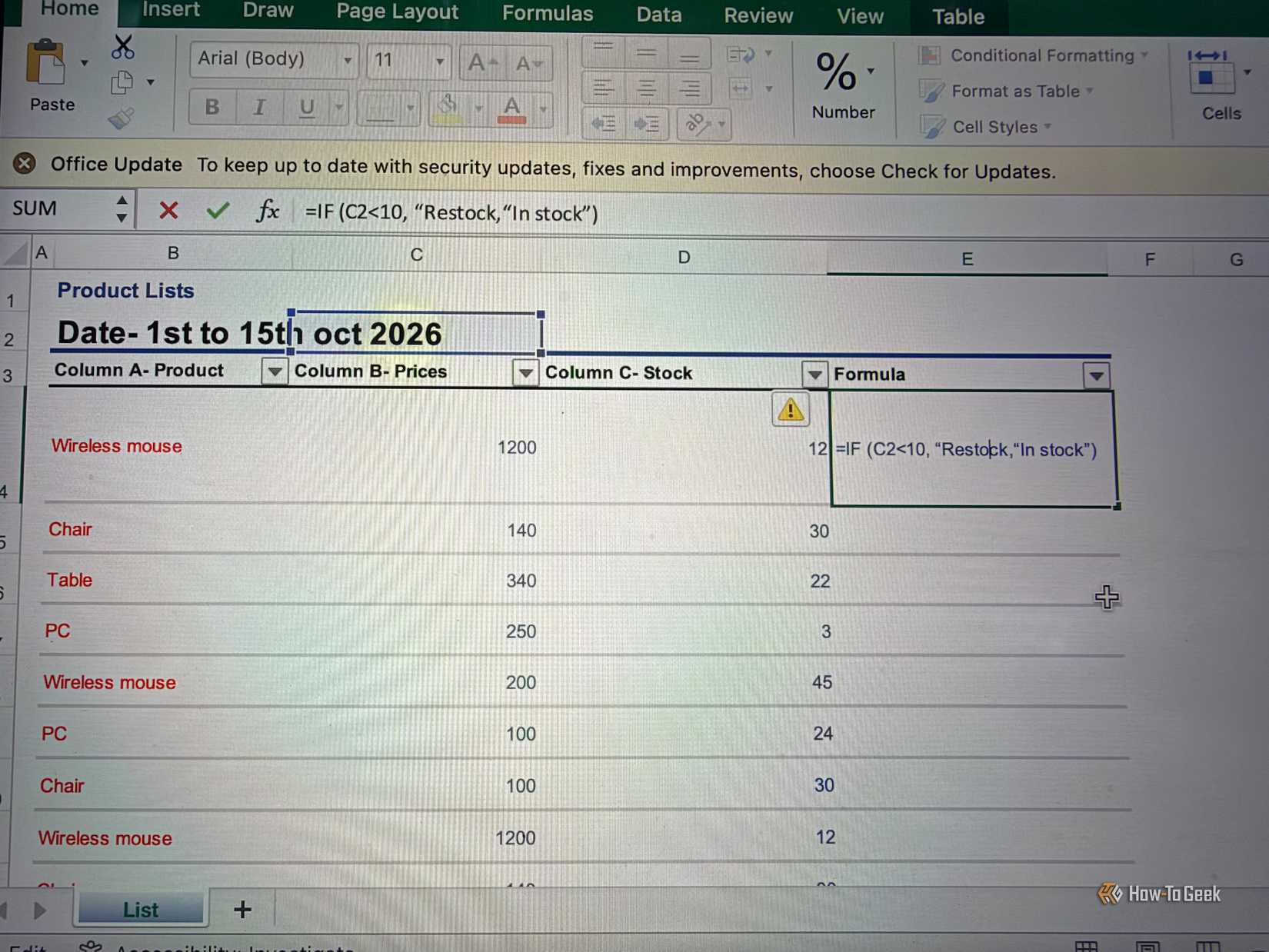 Using IF formula in excel for product lists. 