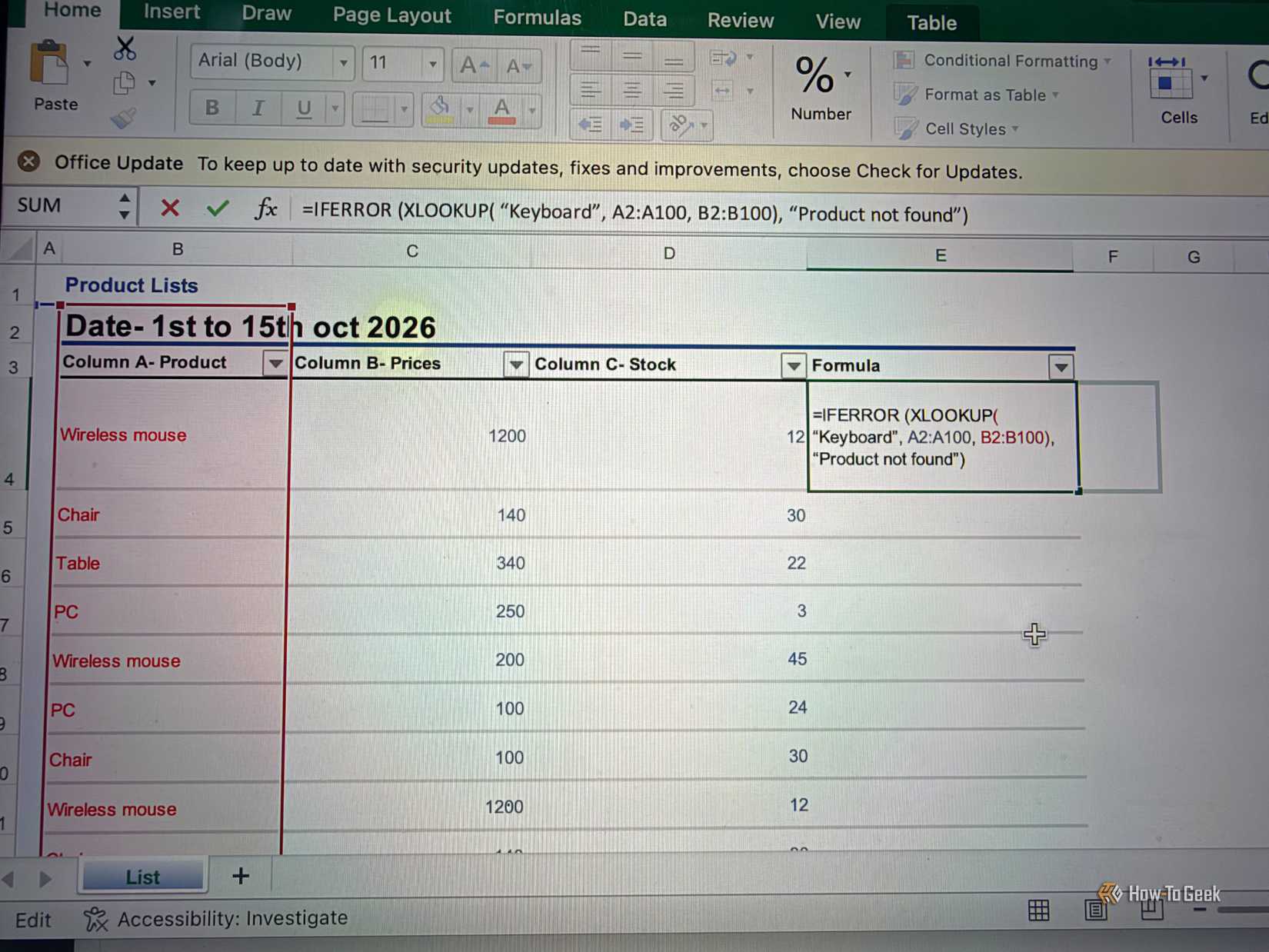 Using IFERROR formula in excel for product lists.