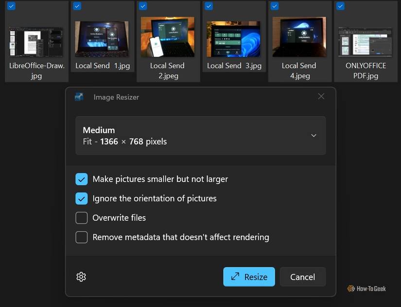 Multiple photos selected in File Explorer, with the PowerToys Image Resizer dialog open and set to Medium size.