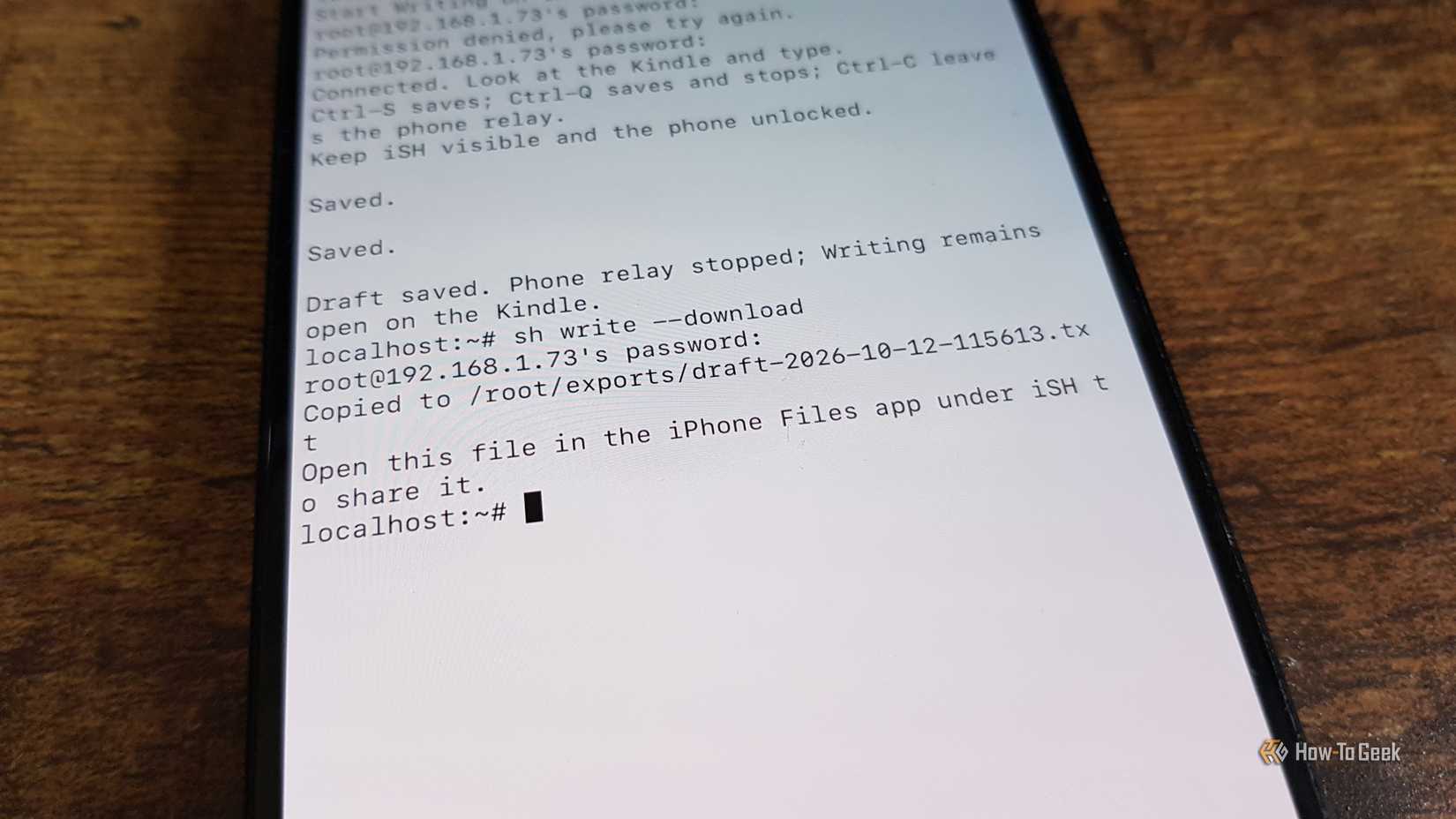 iPhone showing iSH running sh write download to copy the Kindle draft to the iPhone Files app.