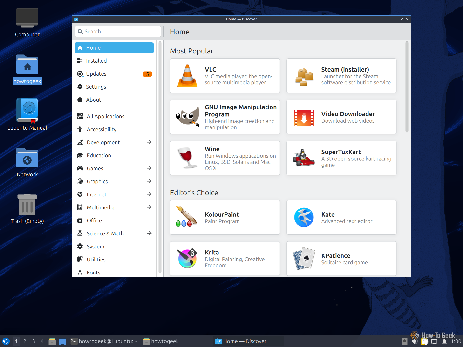 KDE Discover software center home page running on Lubuntu LXQt.