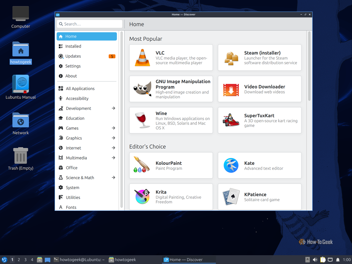 KDE Discover software center home page running on Lubuntu LXQt.