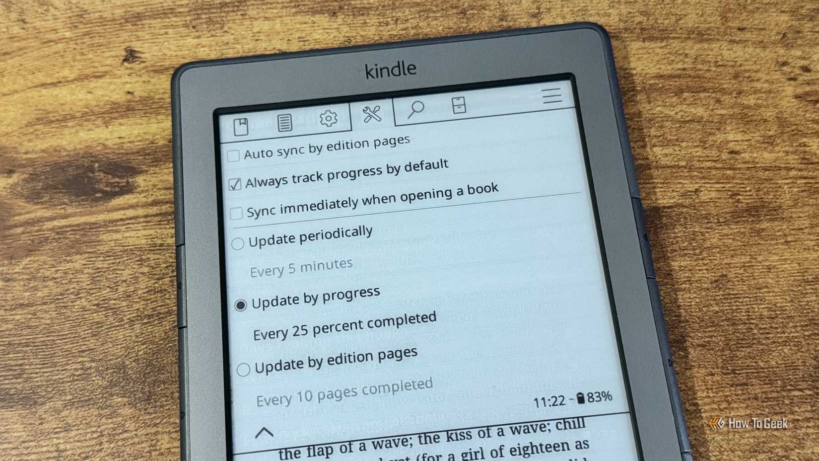 KOReader ShelfSync settings on the Kindle 4 showing update options for every 25 percent completed.